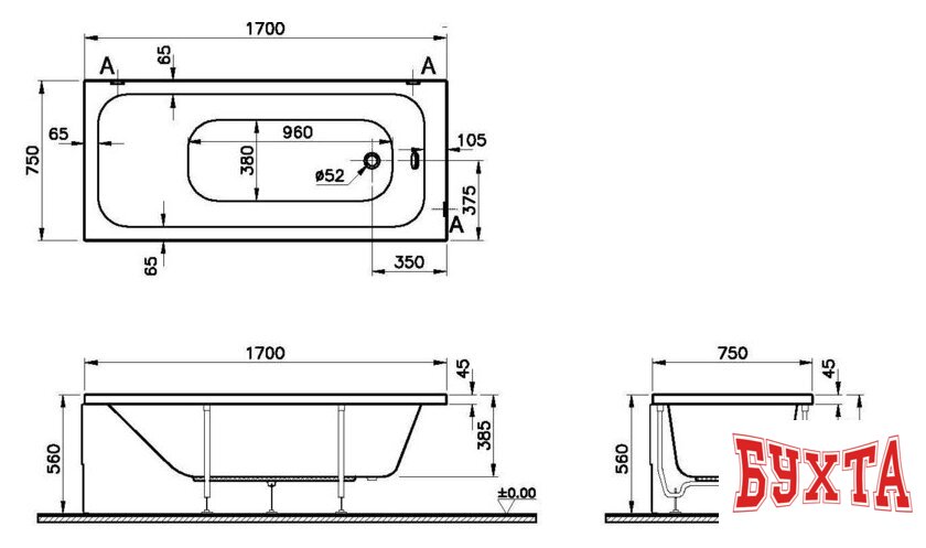 Ванна Vitra Optimum Neo 170x75 64570001000 3