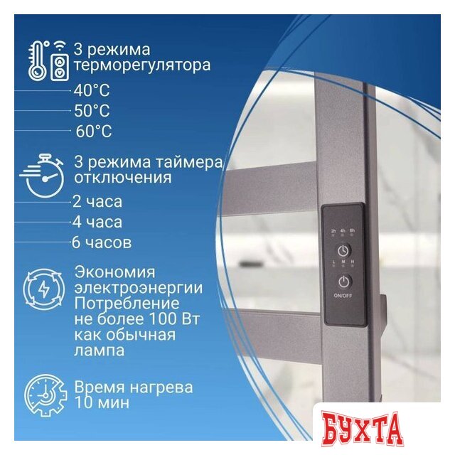 Полотенцесушитель Маргроид Ferrum Вид 81/10 СНШ профильный (перекладины 30x10, 4+4) 80/40 Графит, скрытого монтажа, таймер справа 2