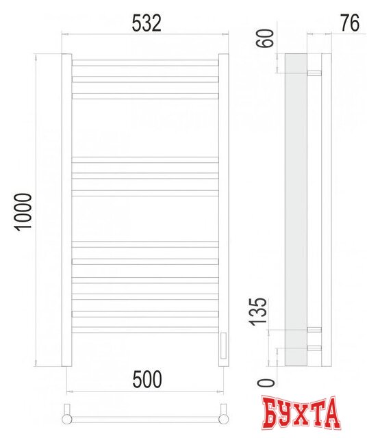 Полотенцесушитель TERMINUS Аврора П12 500x1000 (RAL 9003 белый, Quick Touch) 3