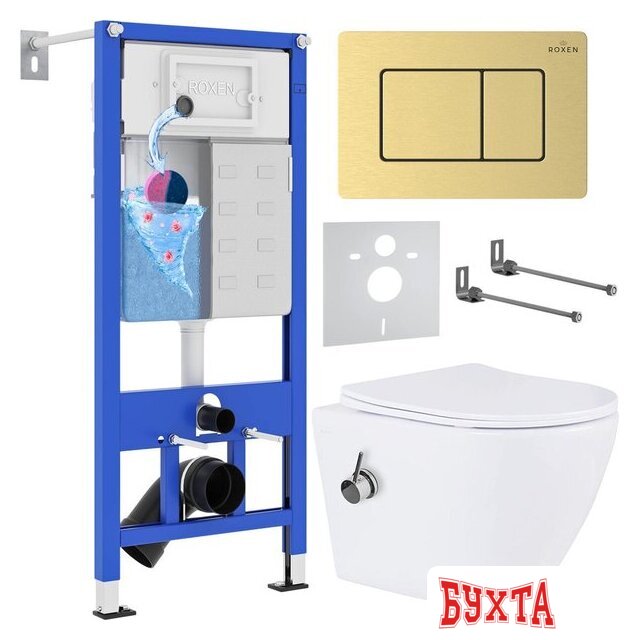 Унитаз подвесной Roxen Antares Bidet в комплекте с инсталляцией StounFix Dual Fresh 6 в 1 968457 (кнопка: брашированное золото) 1