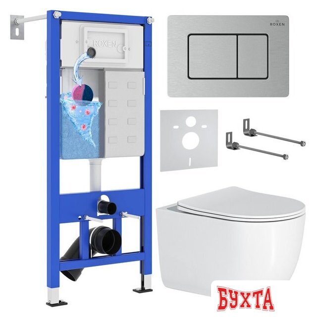 Унитаз подвесной Roxen Vortex в комплекте с инсталляцией StounFix Dual Fresh 6 в 1 968489 (кнопка: сатин)