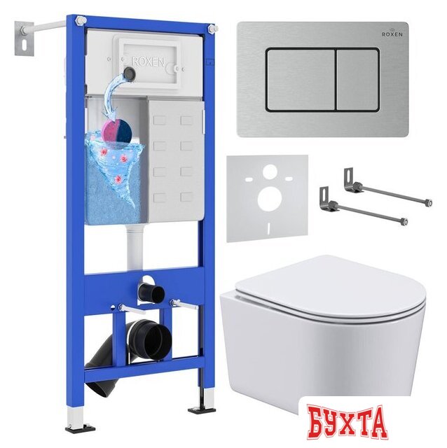 Унитаз подвесной Roxen Simple compact в комплекте с инсталляцией StounFix Dual Fresh 6 в 1 968486 (кнопка: сатин)