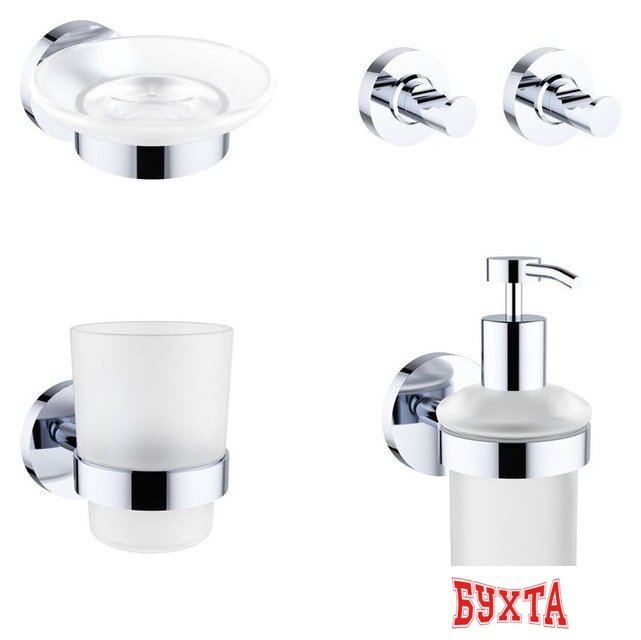 Набор аксессуаров для ванной Wellsee Finishing Touch 182511002 (мыльница, стакан для зубных щеток, дозатор для жидкого мыла, крючок 2 шт, хром)