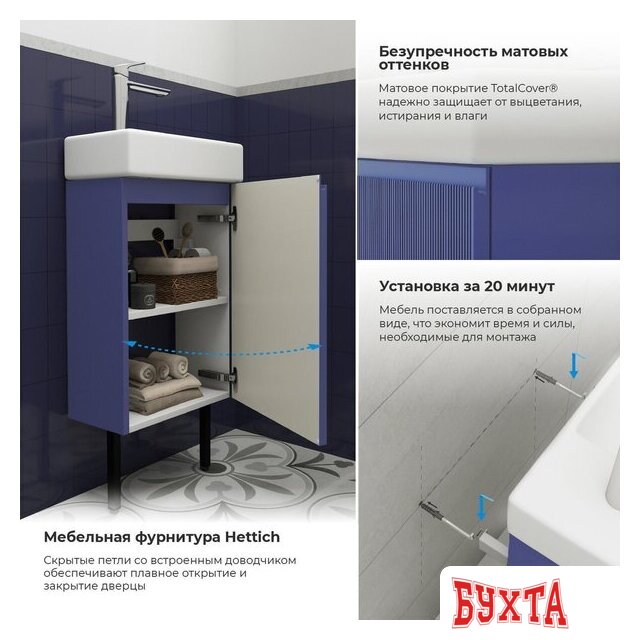 Мебель для ванных комнат Wellsee Тумба под умывальник 3 в 1 WC Area 221804005 (тумба/матовый синий, раковина/глянцевый белый, ножки/матовый черный) 4