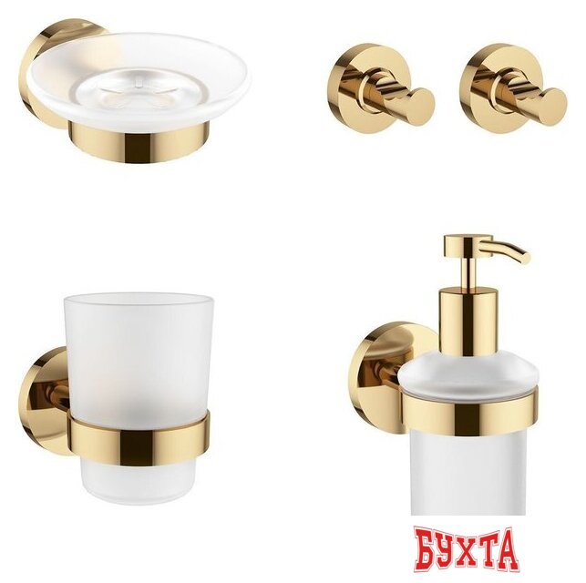 Набор аксессуаров для ванной Wellsee Finishing Touch 182513002 (мыльница, стакан для зубных щеток, дозатор для жидкого мыла, крючок 2 шт, золотой)