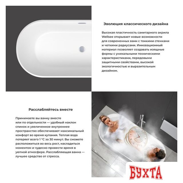 Ванна Wellsee Shell 170x75 28170302R (отдельностоящая ванна белый глянец, экран, ножки, сифон-автомат глянцевый белый) 5