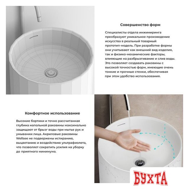 Умывальник Wellsee Chalice Perfection 230619000 (отдельностоящий, без отверстия под смеситель, цвет матовый белый мрамор/глянцевый белый) 5