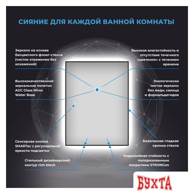 Мебель для ванных комнат Wellsee Зеркало с фоновой LED-подсветкой 7 Rays' Spectrum 172201080, 80 х 120 см (с сенсором и регулировкой яркости освещения) 3