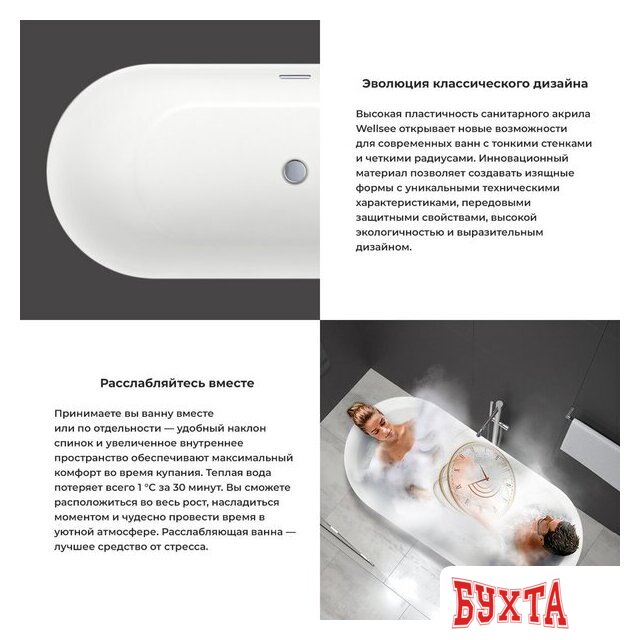 Ванна Wellsee Chic Riviera 149x78 23680401R (отдельностоящая ванна с подсветкой белый глянец, экран, ножки, сифон-автомат хром) 5