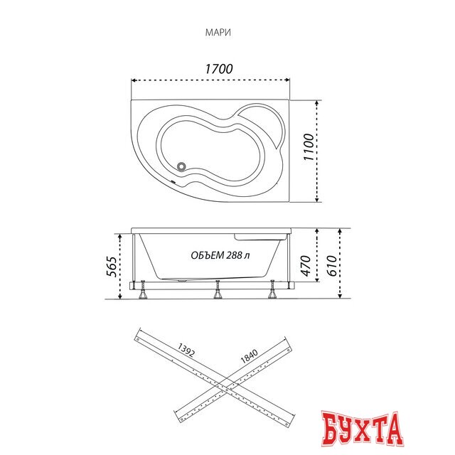 Ванна Triton Мари 170х110 левая (с каркасом) 4