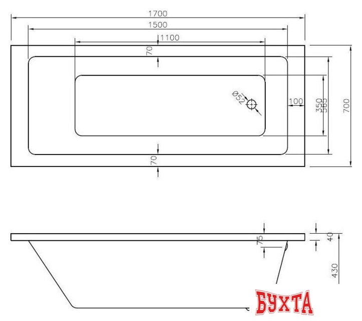 Ванна Bonito Home Saga 170x70 BH-SA-206-170-70/St (с ножками) 4