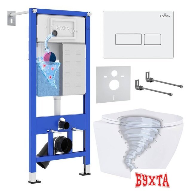 Унитаз подвесной Roxen Antares Tornado в комплекте с инсталляцией StounFix Dual Fresh 6 в 1 968303 (кнопка: белый глянцевый)