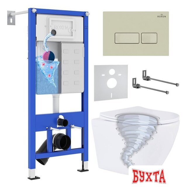 Унитаз подвесной Roxen Antares Tornado в комплекте с инсталляцией StounFix Dual Fresh 6 в 1 968326 (кнопка: пастель бежевый)