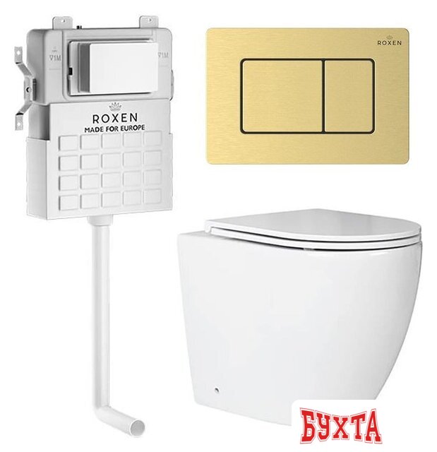 Унитаз приставной Roxen Antares в комплекте с инсталляцией Roxen Attach 5 в 1 968415 (кнопка: брашированное золото)