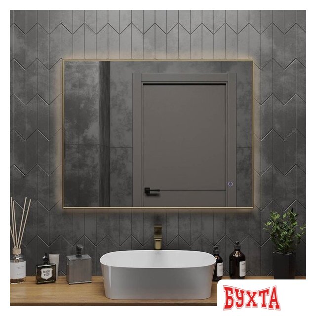 Мебель для ванных комнат Roxen Зеркало Frida c подсветкой 510215-90 (90x70) в тонком металлическом профиле в цвете брашированное золото 5