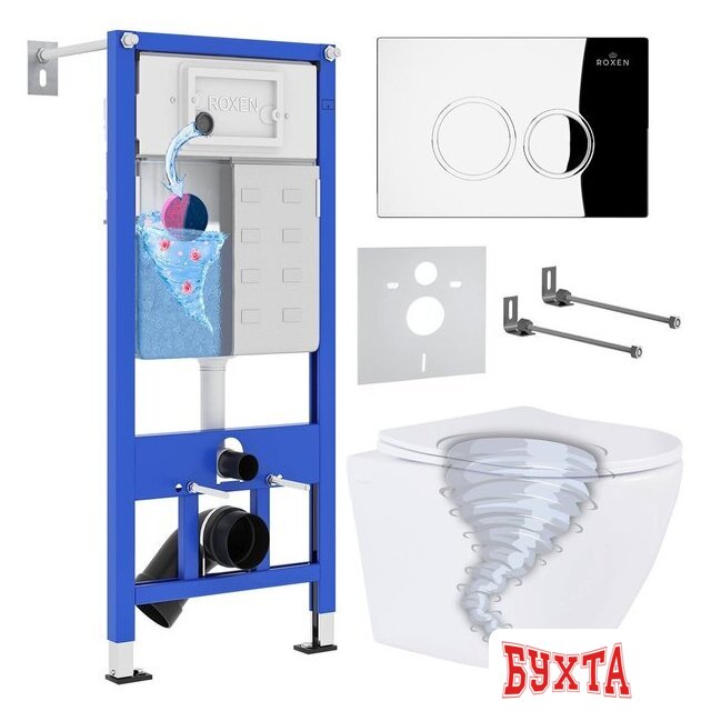 Унитаз подвесной Roxen Antares Tornado в комплекте с инсталляцией StounFix Dual Fresh 6 в 1 968340 (кнопка: хром глянцевый)