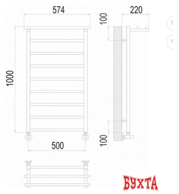 Полотенцесушитель TERMINUS Контур П9 500x1000 с полкой (хром) 3