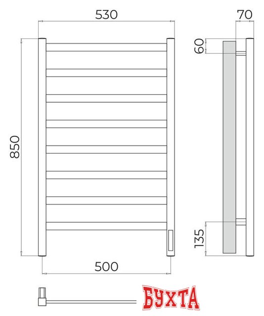 Полотенцесушитель TERMINUS Ното П8 500x850 (хром, Quick Touch) 3