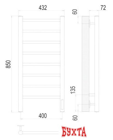 Полотенцесушитель TERMINUS Аврора П8 400x850 электро (хром) 3