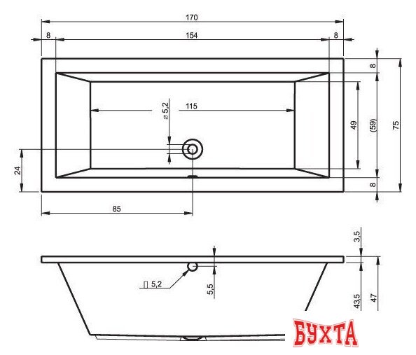 Ванна Riho Lusso 170x75 (с ножками) 2