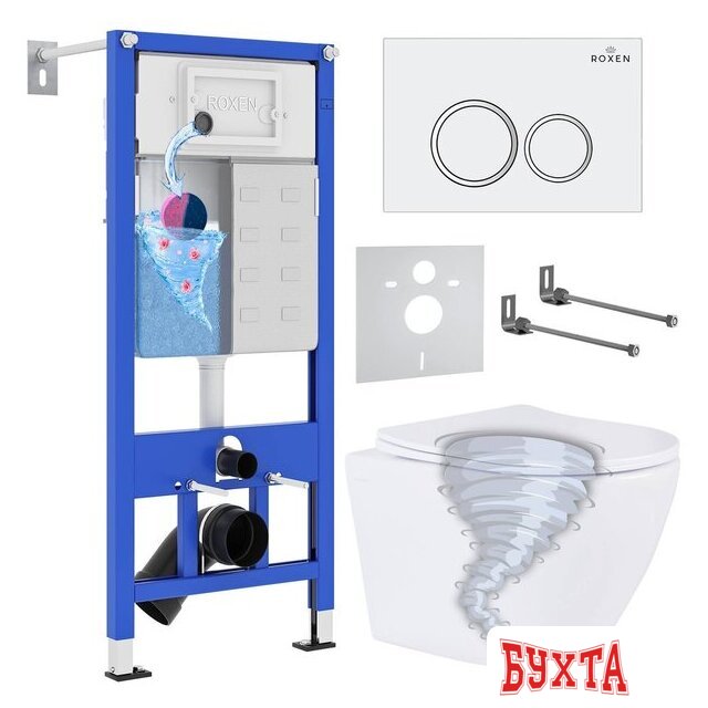 Унитаз подвесной Roxen Antares Tornado в комплекте с инсталляцией StounFix Dual Fresh 6 в 1 968335 (кнопка: белый глянцевый)