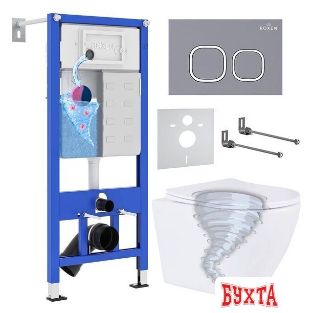 Унитаз подвесной Roxen Antares Tornado в комплекте с инсталляцией StounFix Dual Fresh 6 в 1 968389 (кнопка: серый бетон)