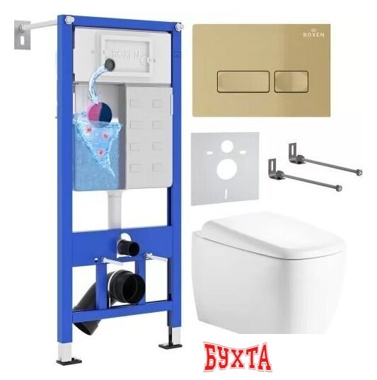 Унитаз подвесной Roxen Martin в комплекте с инсталляцией StounFix Dual Fresh 6 в 1 968506 (кнопка: брашированное золото) 1