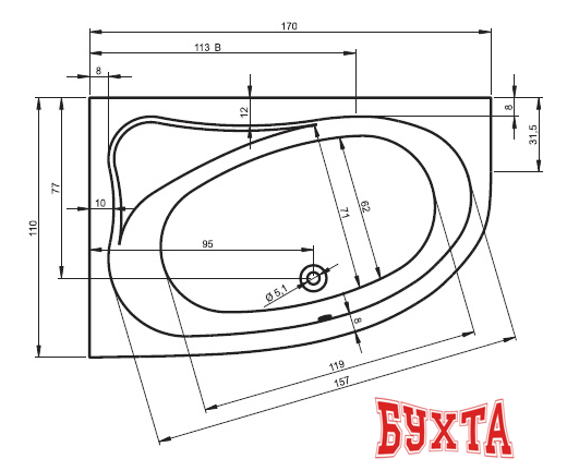 Ванна Riho Lyra 170x110 (правая, с ножками) 2