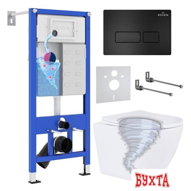 Унитаз подвесной Roxen Antares Tornado в комплекте с инсталляцией StounFix Dual Fresh 6 в 1 968313 (кнопка: черный матовый)