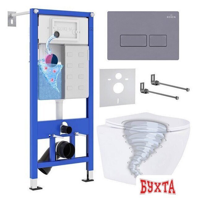 Унитаз подвесной Roxen Antares Tornado в комплекте с инсталляцией StounFix Dual Fresh 6 в 1 968330 (кнопка: серый бетон)