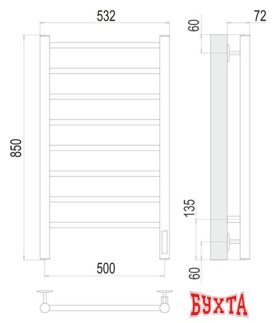 Полотенцесушитель TERMINUS Аврора П8 500х850 (сатин, Quick Touch) 3