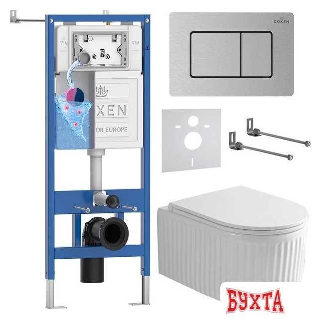 Унитаз подвесной Roxen Royal Matt в комплекте с инсталляцией StounFix Dual Fresh 6 в 1 968301 (кнопка: сатин)