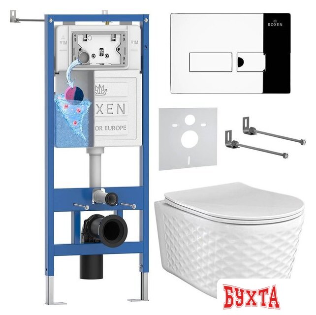 Унитаз подвесной Roxen Vine Tornado в комплекте с инсталляцией StounFix Dual Fresh 6 в 1 979002 (кнопка: хром глянцевый)