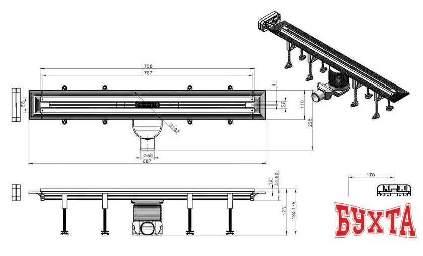 Трап/канал Roxen Razor Gun metal 910100GM 2