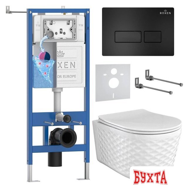 Унитаз подвесной Roxen Vine Tornado в комплекте с инсталляцией StounFix Dual Fresh 6 в 1 979001 (кнопка: черный матовый)