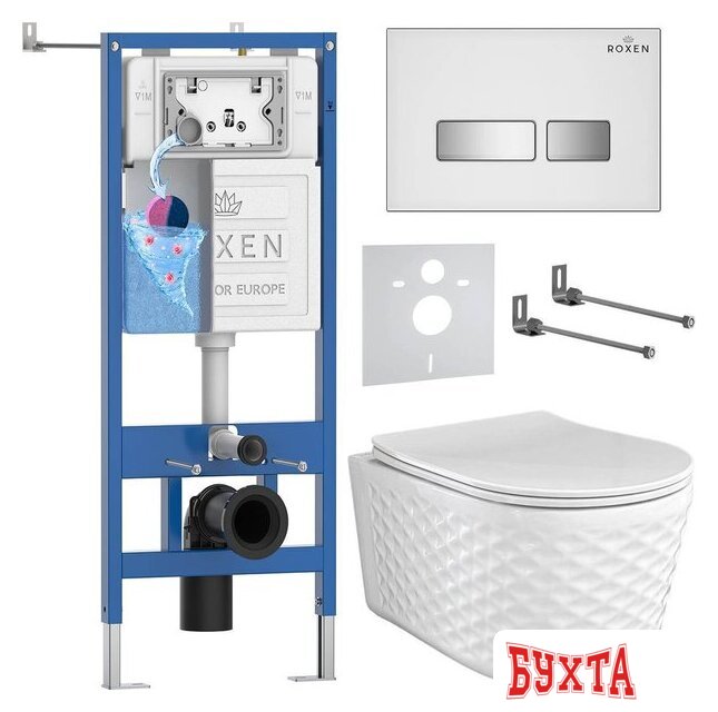 Унитаз подвесной Roxen Vine Tornado в комплекте с инсталляцией StounFix Dual Fresh 6 в 1 979024 (кнопка: белый глянцевый)