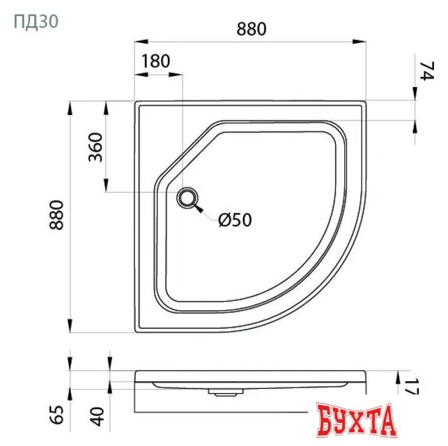 Душевой поддон Triton ПД30 ДК 1/4 круга 88х88 (с бортом) 2
