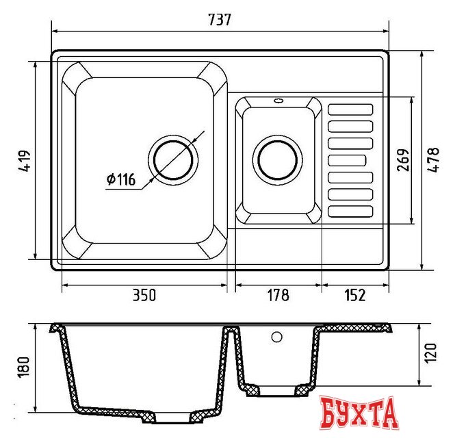 Кухонная мойка GranFest QUARZ 21К (черный) 2