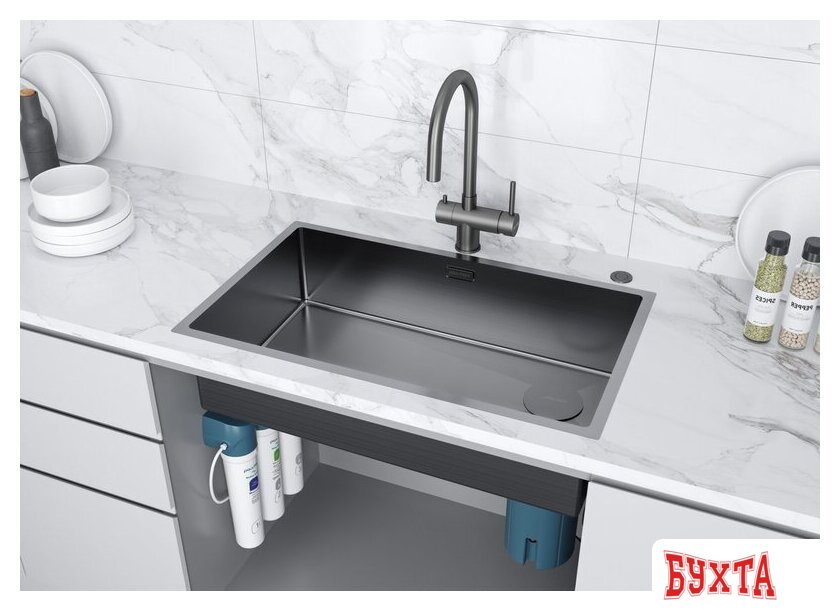 Кухонная мойка Paulmark NEXT-SKEW 74 Uni PM887444-GM (черный/вороненая сталь) 3