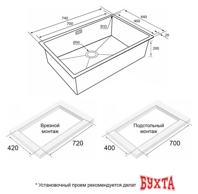 Кухонная мойка Paulmark Next 74 UNI PM217444-GM (черный/вороненая сталь) 3