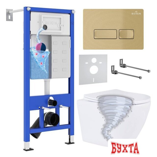 Унитаз подвесной Roxen Antares Tornado в комплекте с инсталляцией StounFix Dual Fresh 6 в 1 968332 (кнопка: брашированное золото) 1