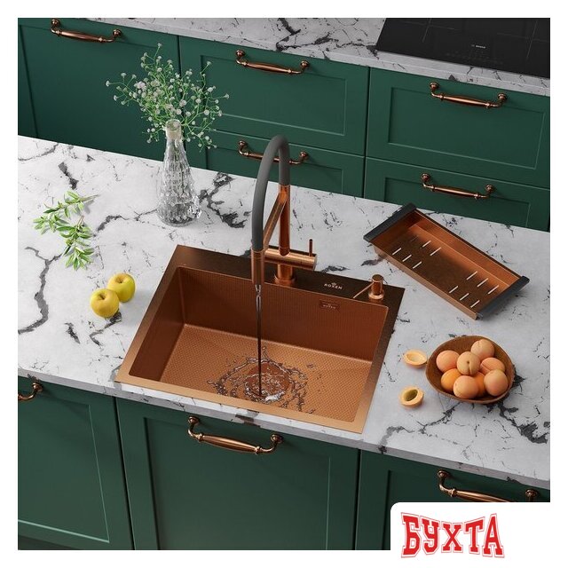 Кухонная мойка Roxen Snake 560220-60-BRS бронзовая/текстурная (с коландером и дозатором)