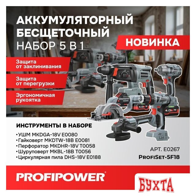 Наборы электроинструментов Profipower ProfiSet-5F18 E0267 (болгарка, гайковерт, перфоратор, шуруповерт, циркулярка, 3 АКБ, кейс) 2