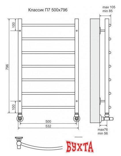 Полотенцесушитель TERMINUS Классик П7 500x796 (оружейная сталь, с наружной резьбой) 2