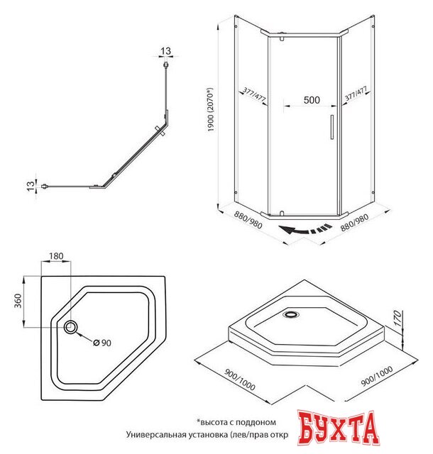 Душевой уголок Triton Дека 90x90 (хром, с поддоном) 5