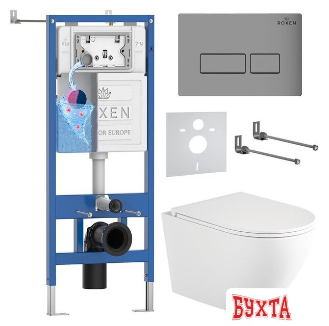 Унитаз подвесной Roxen Antares Tornado Long в комплекте с инсталляцией StounFix Dual Fresh 6 в 1 868415 (кнопка: хром матовый матовая) 1