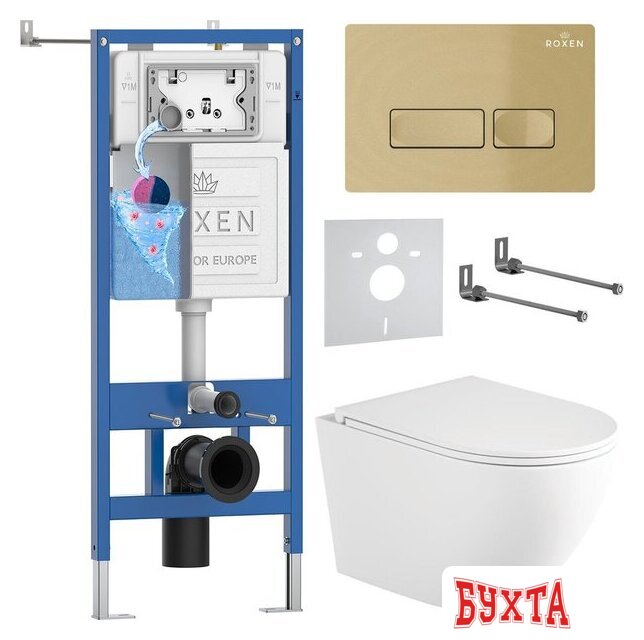Унитаз подвесной Roxen Antares Tornado Long в комплекте с инсталляцией StounFix Dual Fresh 6 в 1 868418 (кнопка: брашированное золото матовая)