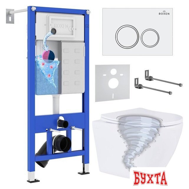 Унитаз подвесной Roxen Antares Tornado Long в комплекте с инсталляцией StounFix Dual Fresh 6 в 1 868420 (кнопка: белый глянцевая) 1