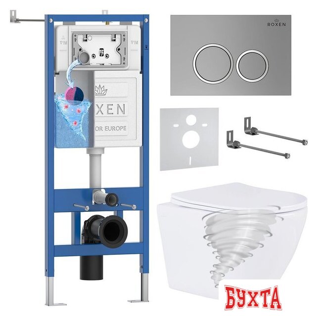 Унитаз подвесной Roxen Antares Tornado Long в комплекте с инсталляцией StounFix Dual Fresh 6 в 1 868427 (кнопка: хром матовый матовая)