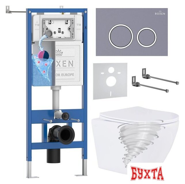 Унитаз подвесной Roxen Antares Tornado Long в комплекте с инсталляцией StounFix Dual Fresh 6 в 1 868430 (кнопка: серый бетон матовая)